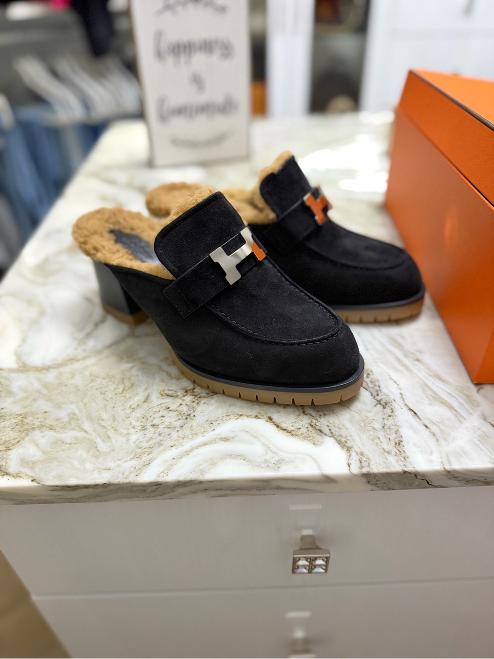 Hermes Black Suede Fur-Trim Mule Clogs with Silver H Accent